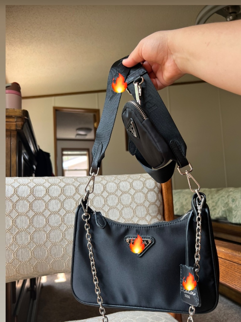 Black Nylon Shoulder Bag with Chain Accent
